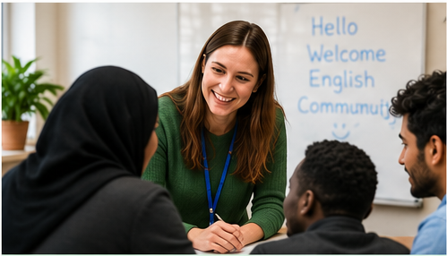 Volunteer helping with English teaching